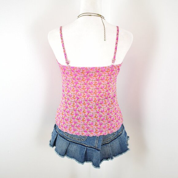 VTG 00s Y2K Newport News Pink Floral Semi Sheer Mesh Lettuce Hem Cami Top Sz 1X - Picture 3 of 6